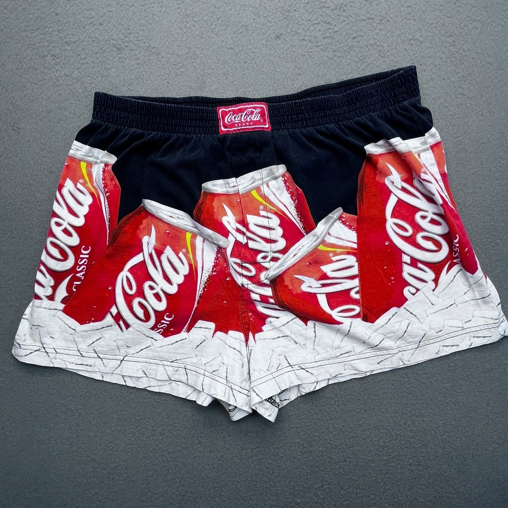 Y2K Coca-Cola Men Graphic Lounge Shorts Black Red Soda Can Cotton L 36-38